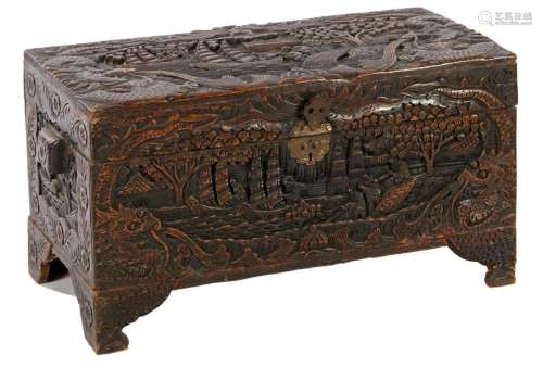 Teak oriental fired camphor chest with handles