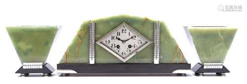 Onyx and natural stone Art Deco mantel clock set