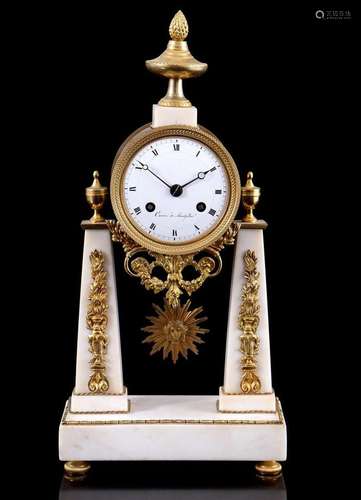 Empire marble column mantel clock with brass case