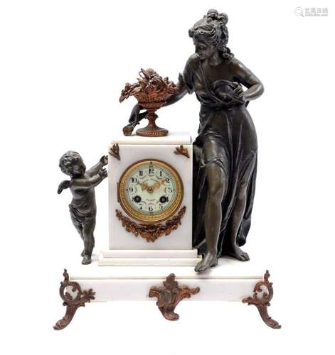 French marble mantel clock with zamak sculpture