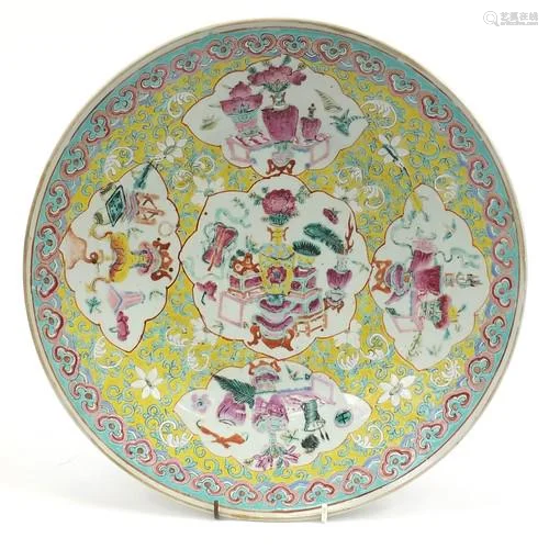 Chinese porcelain charger hand painted in the famille rose p...