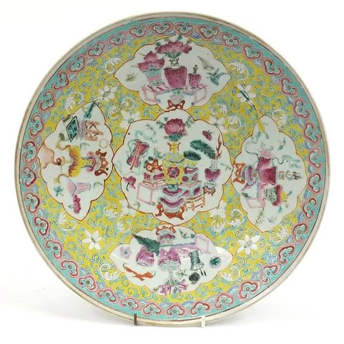 Chinese porcelain charger hand painted in the famille rose p...