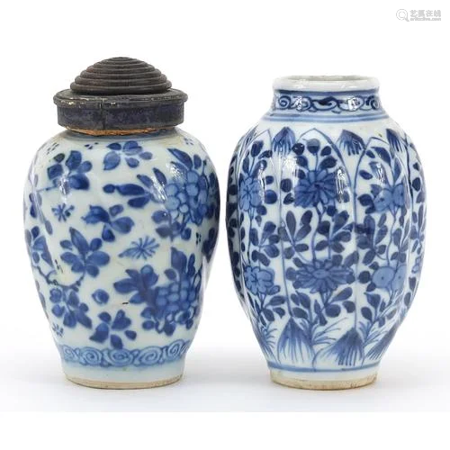 Two Chinese blue and white porcelain vases, one with hardwoo...