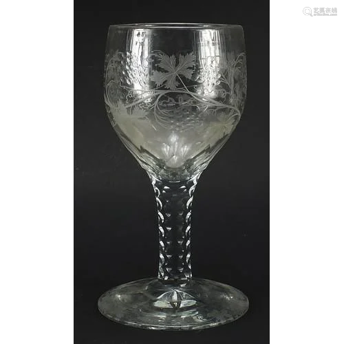 Large 18th century glass goblet with facetted stem etched wi...