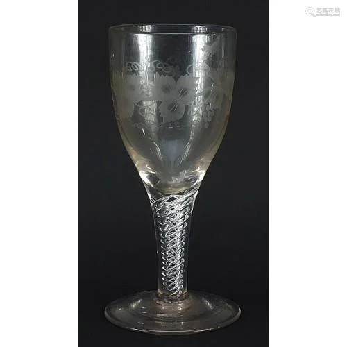 18th century wine glass with air twist stem and etched bowl,...