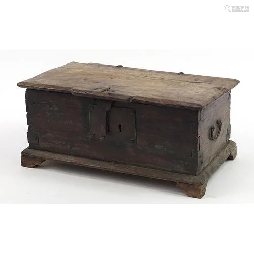 17th/18th century oak casket with iron carrying handles and ...