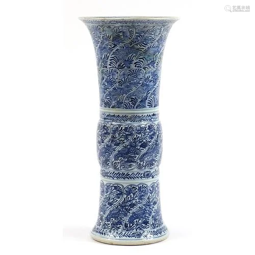 Large Chinese blue and white porcelain Gu beaker vase hand p...