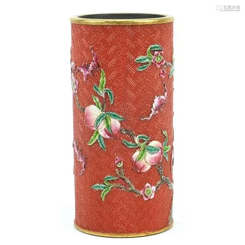 Chinese faux cinnabar lacquer porcelain vase hand painted in...