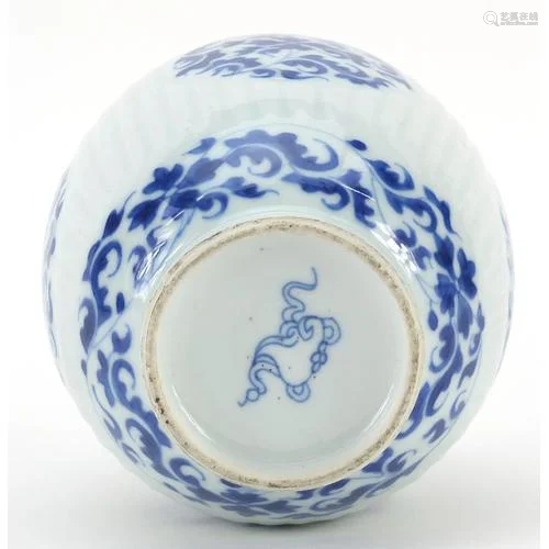 Chinese blue and white porcelain ribbed vase hand painted wi...