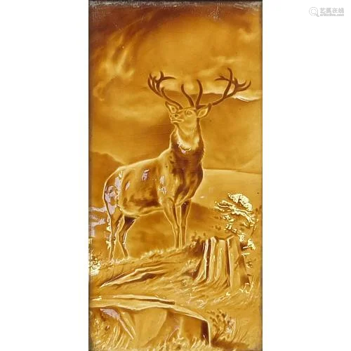 Large Victorian treacle glazed tile hand painted with a stag...