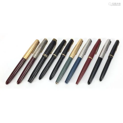 Ten vintage Parker fountain pens, some with gold nibs includ...