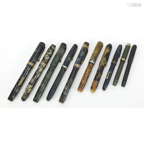 Ten vintage fountain pens with gold nibs, some marbleised in...