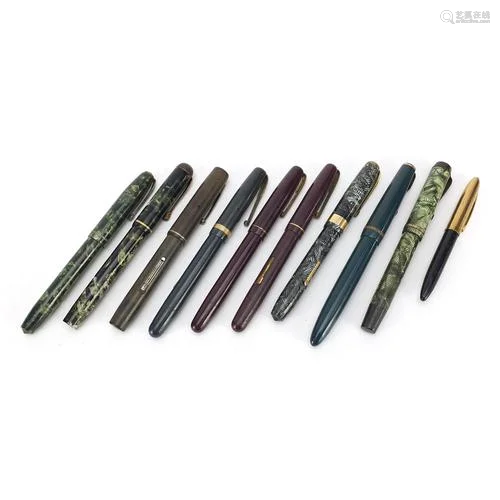 Ten vintage fountain pens with gold nibs, some marbleised in...