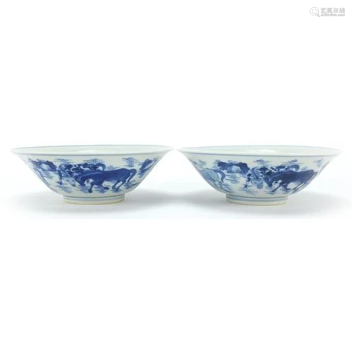 Pair of Chinese blue and white porcelain bowls hand painted ...