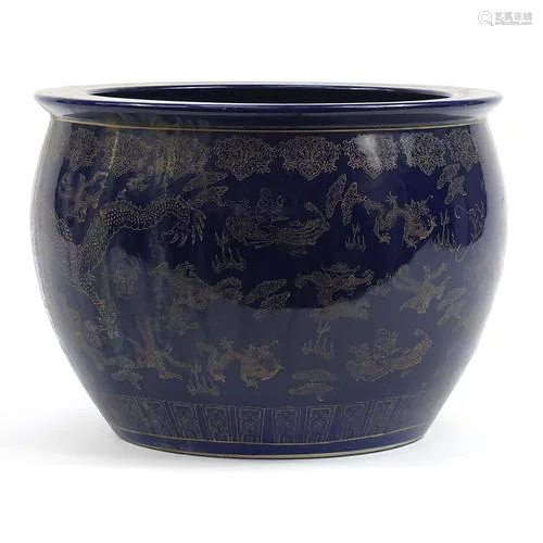 Chinese cobalt blue ground jardiniere gilded with dragons ch...