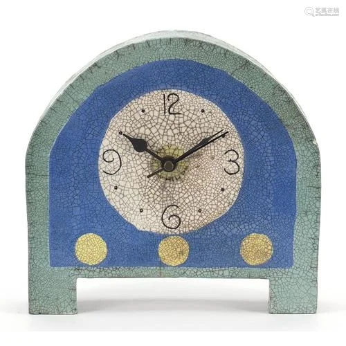 Arts & Crafts style crackle glazed mantle clock with Ara...