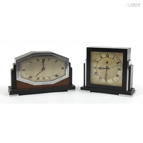 Two Art Deco mantle clocks with chrome mounts comprising J W...