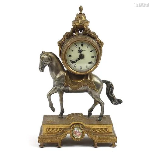 French style gilt and silvered metal horse mantle clock, 43....