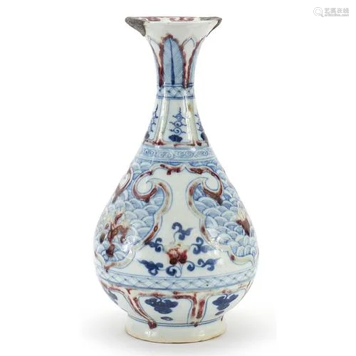 Chinese blue and white with iron red porcelain vase hand pai...
