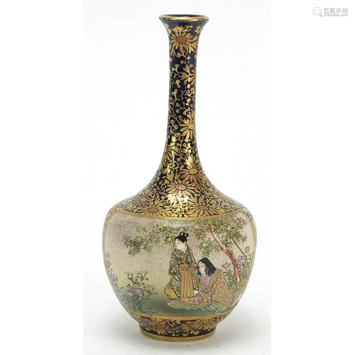 Good Japanese Satsuma pottery vase with case, hand painted w...