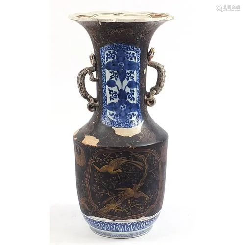 Large Japanese lacquered porcelain vase with dragon handles,...