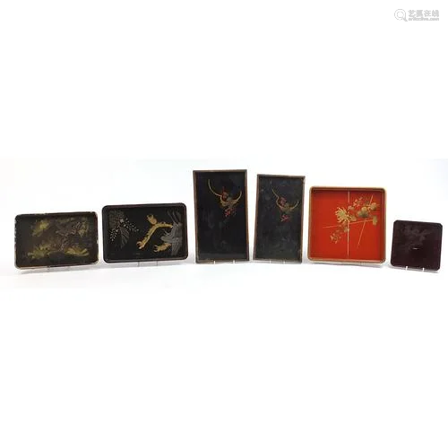 Five Japanese lacquered trays hand painted with animals and ...