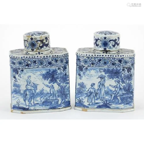 Pair of Delft tin glazed pottery tea caddies hand painted wi...