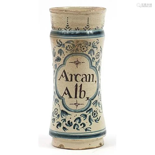 Antique delft tin glazed albarello apothecary jar inscribed ...