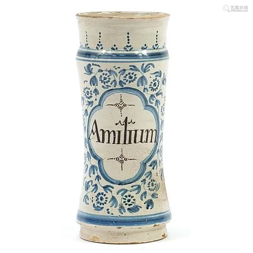 Antique delft tin glazed Albarello apothecary jar inscribed ...