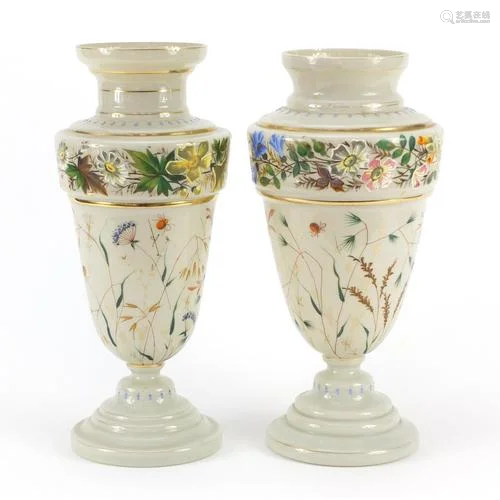 Matched pair of 19th century opaline glass vases, hand paint...