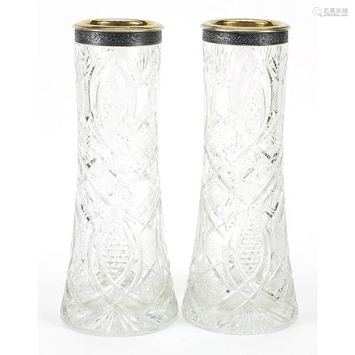 Russian cut vases with silver collars, impressed Russian mar...