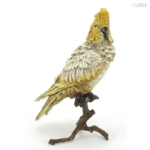 Cold painted bronze cockatiel on a branch in the style of Fr...