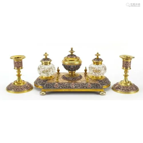 19th century continental gilt brass and copper desk set comp...