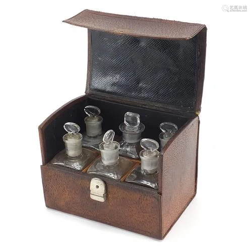19th century leather chemists travelling case housing six gl...