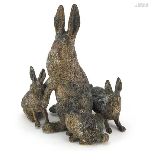 German cold painted bronze group of a hare and three bunnies...