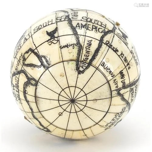 Naval interest carved bone pocket globe and compass, 7cm in ...