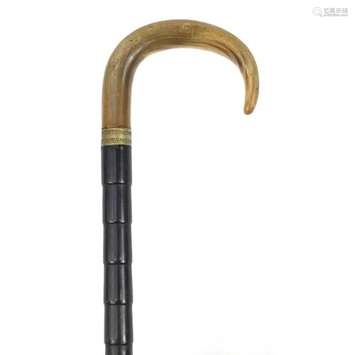 Ebony walking stick with horn handle, possibly rhinoceros, 8...