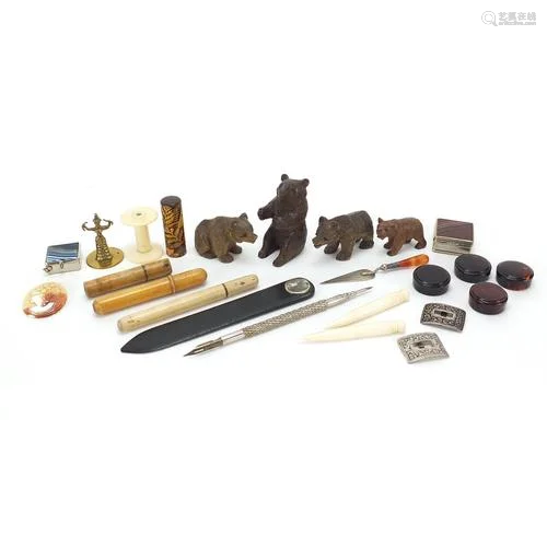 Objects including carved carved Black Forest bears, silver a...