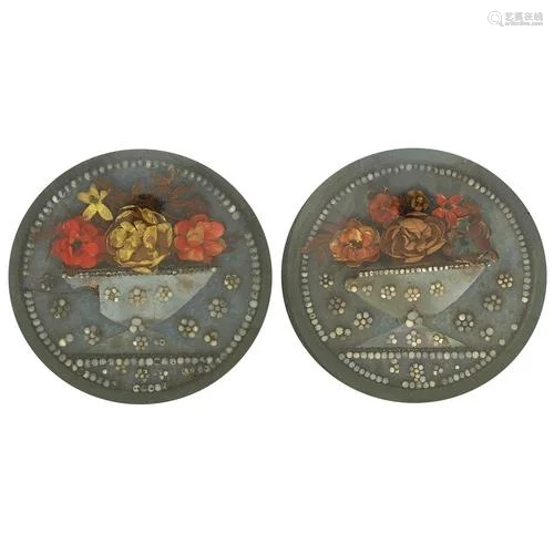 Pair of antique circular flower dioramas with pearls housed ...