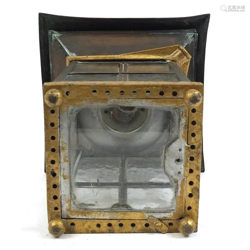 Arts & Crafts copper lantern with glass panels, 36cm hig...