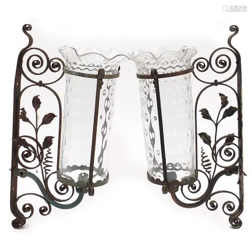 Pair of Arts & Crafts style wrought iron wall lights wit...