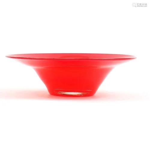Large red art glass bowl, possibly Powell for Whitefriars, 3...