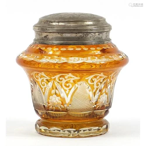 Bohemian amber overlaid glass vase with 800 grade silver lid...