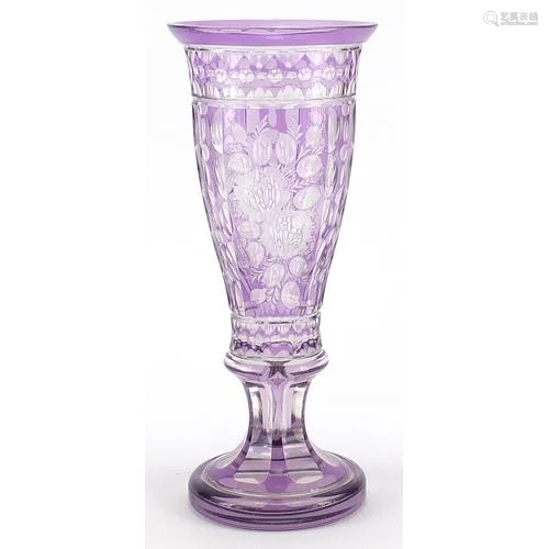 Good quality purple overlaid glass vase etched with flowers,...