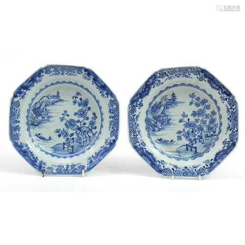 Pair of Chinese blue and white porcelain octagonal soup bowl...