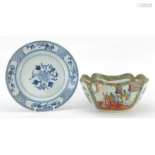 Chinese Canton porcelain bowl and a blue and white plate, th...