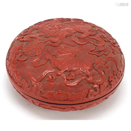 Chinese cinnabar lacquered bun box and cover carved with Foo...