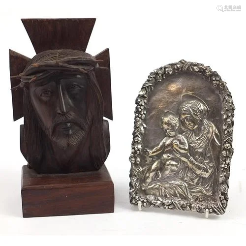 19th century silver plated religious plaque of Madonna and c...