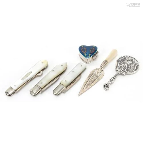 Silver objects including an Art Nouveau style maiden design ...