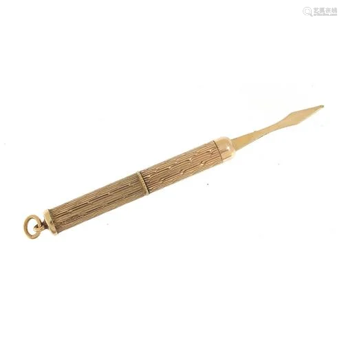 9ct gold propelling toothpick, H H & S maker's mark...